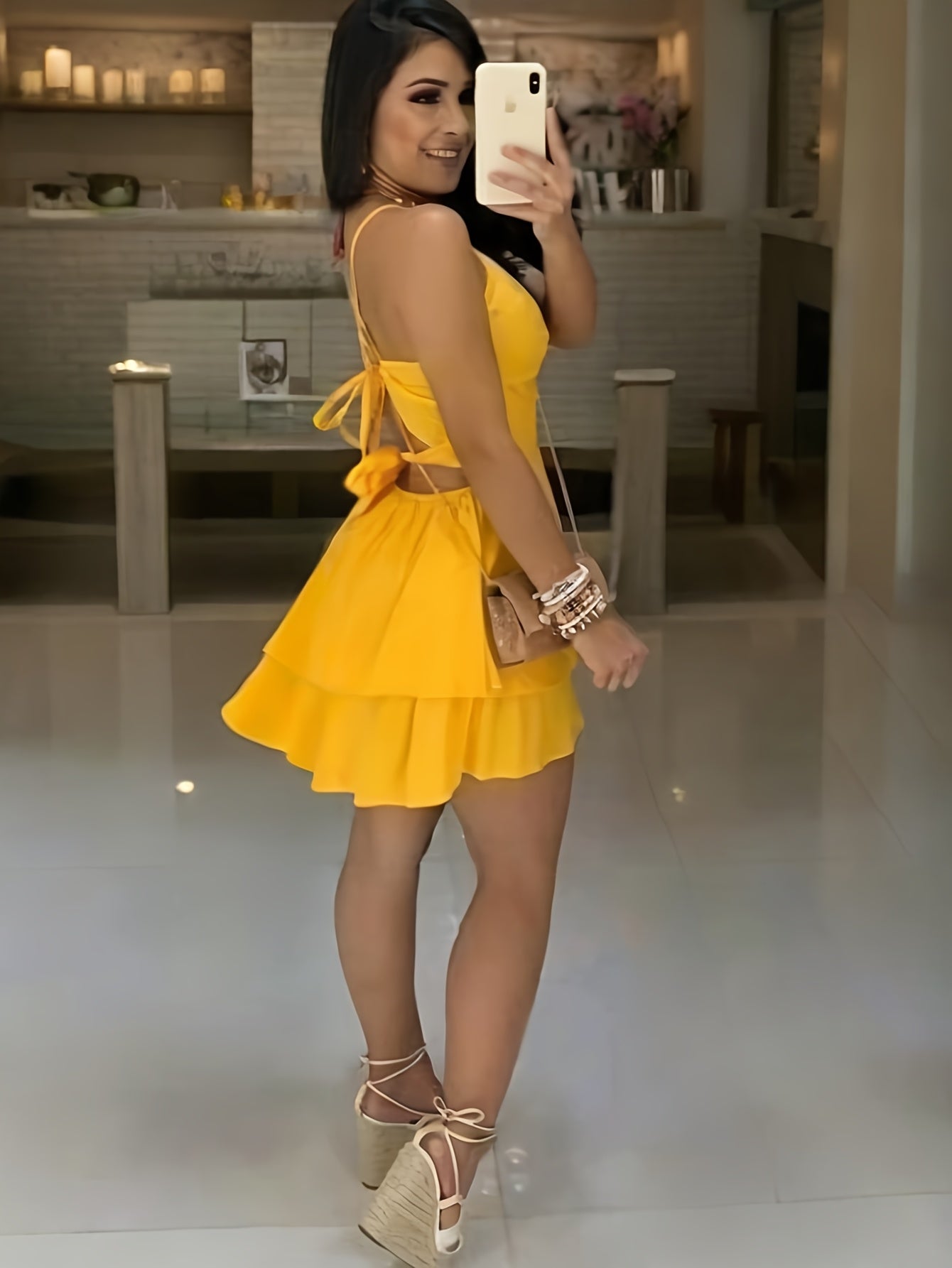 Elegant Women's Sleeveless V-Neck Dress in Solid Color Yellow - Sexy Backless Design with Tie Waist, Polyester & Spandex Blend, Perfect for Spring/Summer/Fall Events